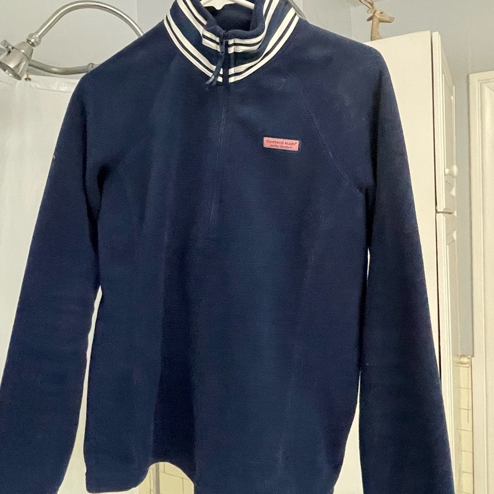 Vineyard Vines Blue Zip Up Sweater with Striped Collar